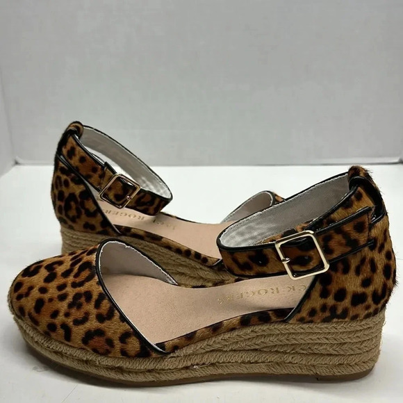 Jack Rogers Palmer Leopard Calf Hair Wedges High Heels Ankle Strap New Size 7.5 - Picture 1 of 11